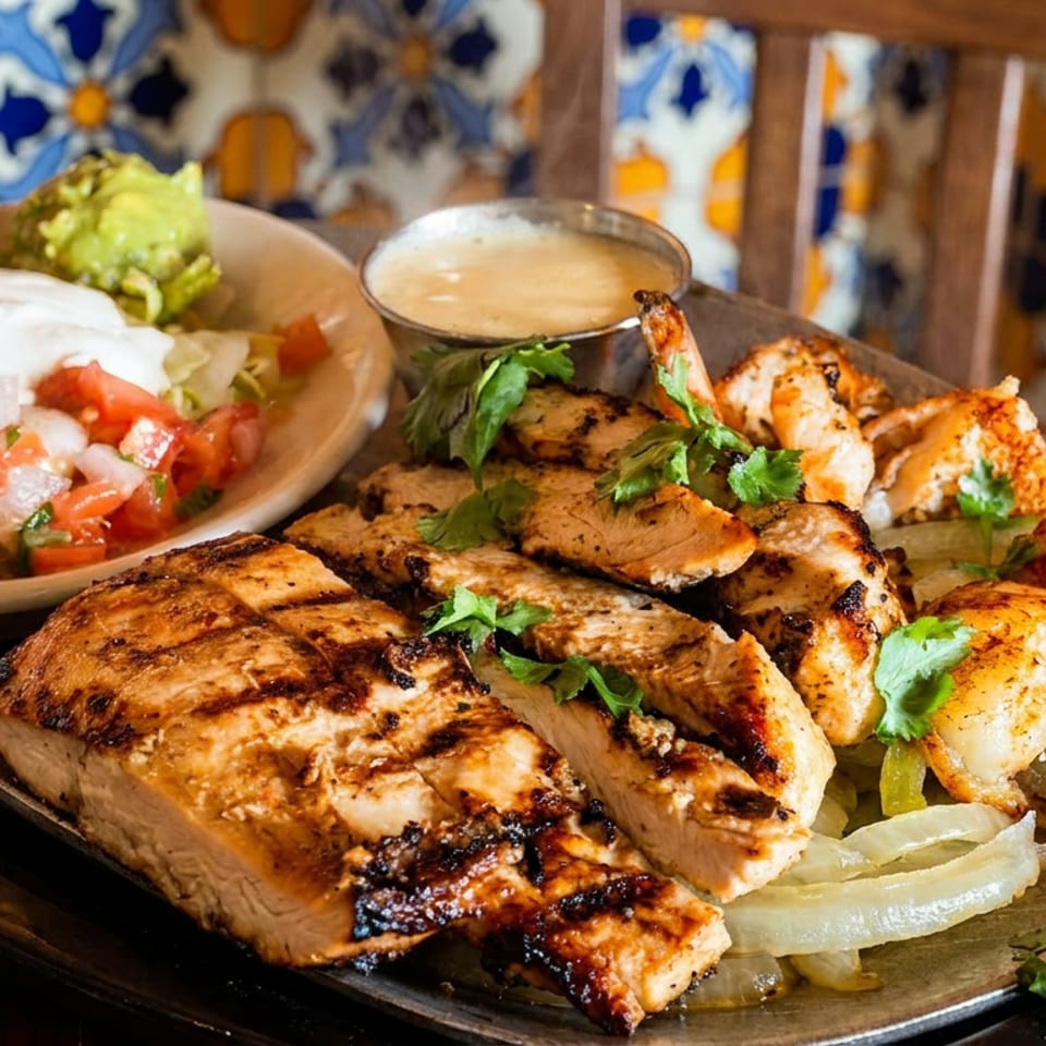 Grilled chicken and shrimp fajitas with onions, guacamole, pico de gallo, and sour cream.