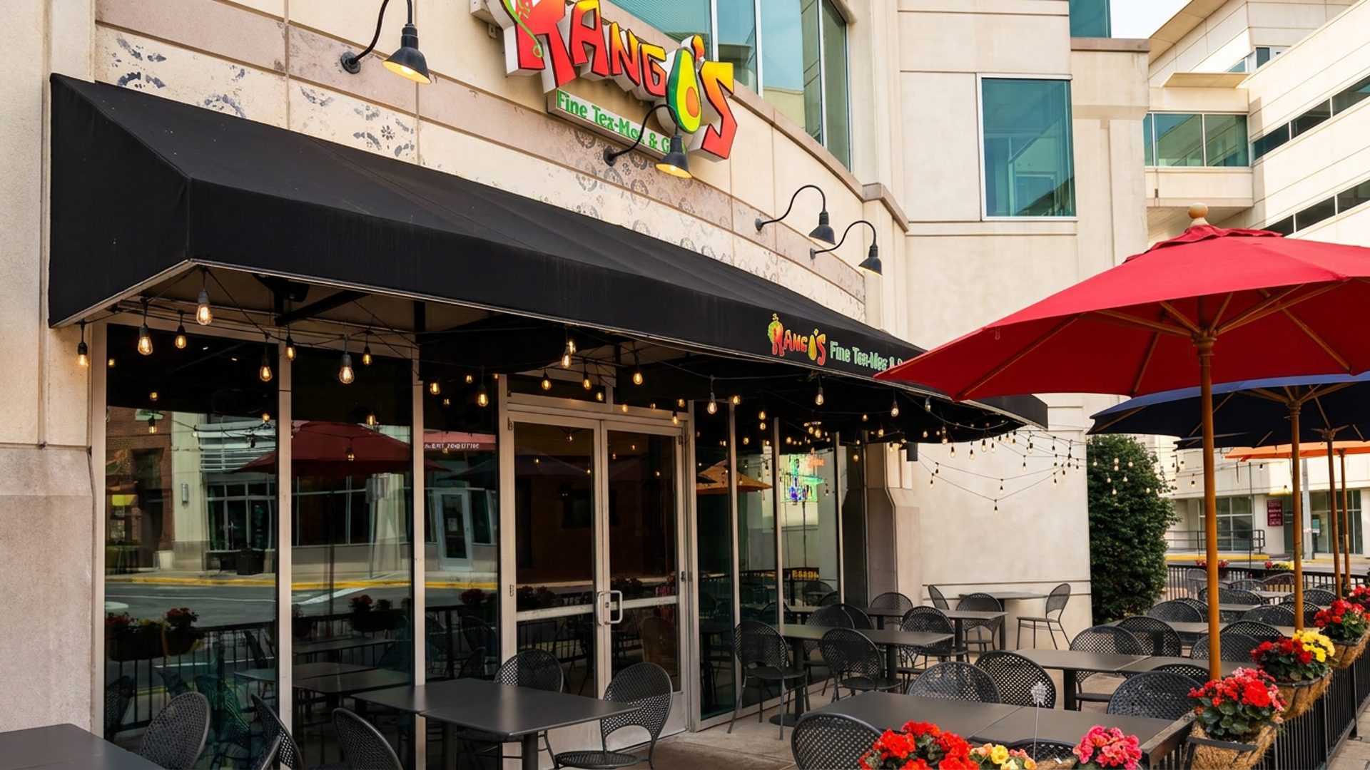 Patio dining with red umbrellas